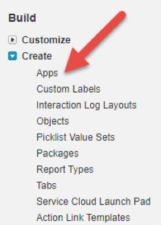 Salesforce Build menu with Create - Apps pointed out