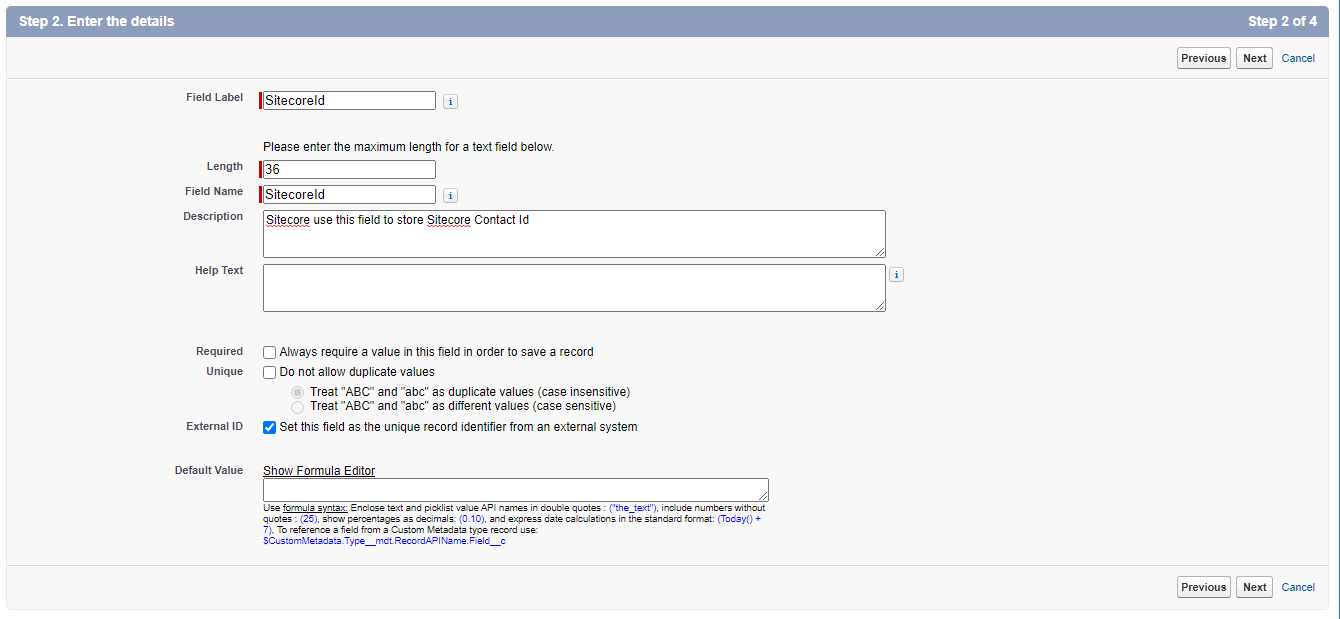 The Enter the details dialog for a new custom field in Salesforce