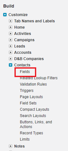The Fields node in the Build menu in Salesforce