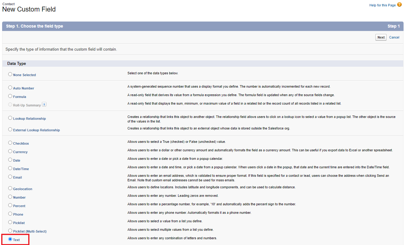 The New Custom Field dialog in Salesforce