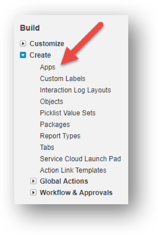 Apps option in the Salesforce Build - Create menu