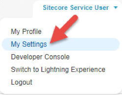 Salesforce user menu with My Settings option pointed out Salesforce user menu with My Settings option pointed out