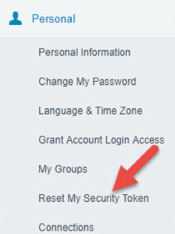 Salesforce user settings menu with Reset my security token pointed out Salesforce user settings menu with Reset my security token pointed out