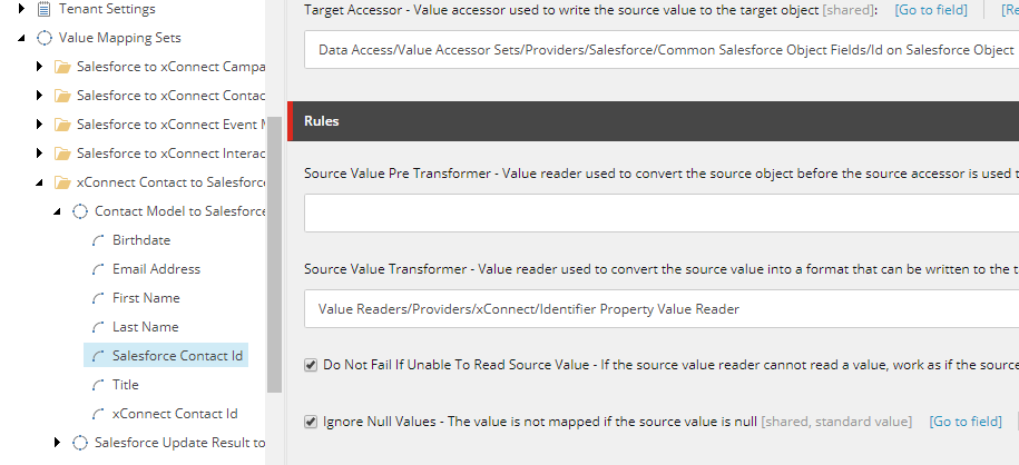 The Rules section in a Salesforce contact mapping dialog