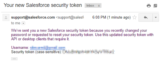 Excerpt of email from Salesforce about new security token Excerpt of email from Salesforce about new security token