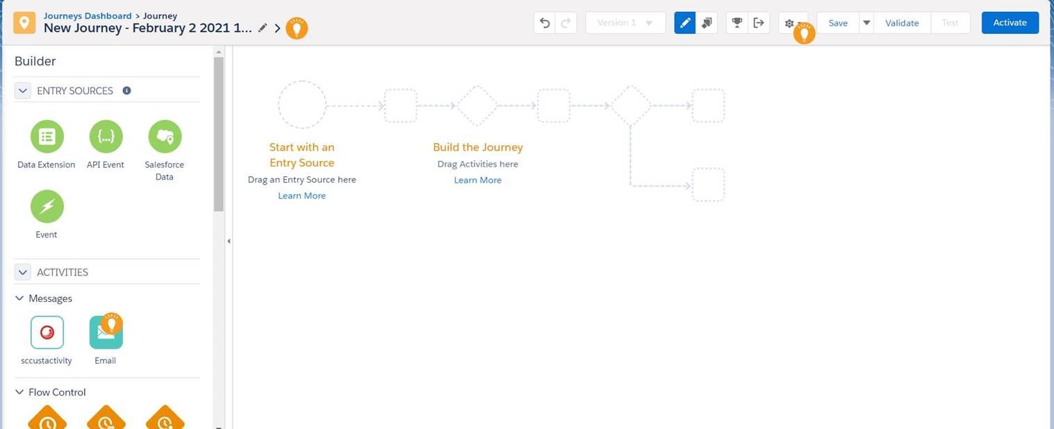 Salesforce Marketing Cloud Journey Builder main interface. Salesforce Marketing Cloud Journey Builder main interface.