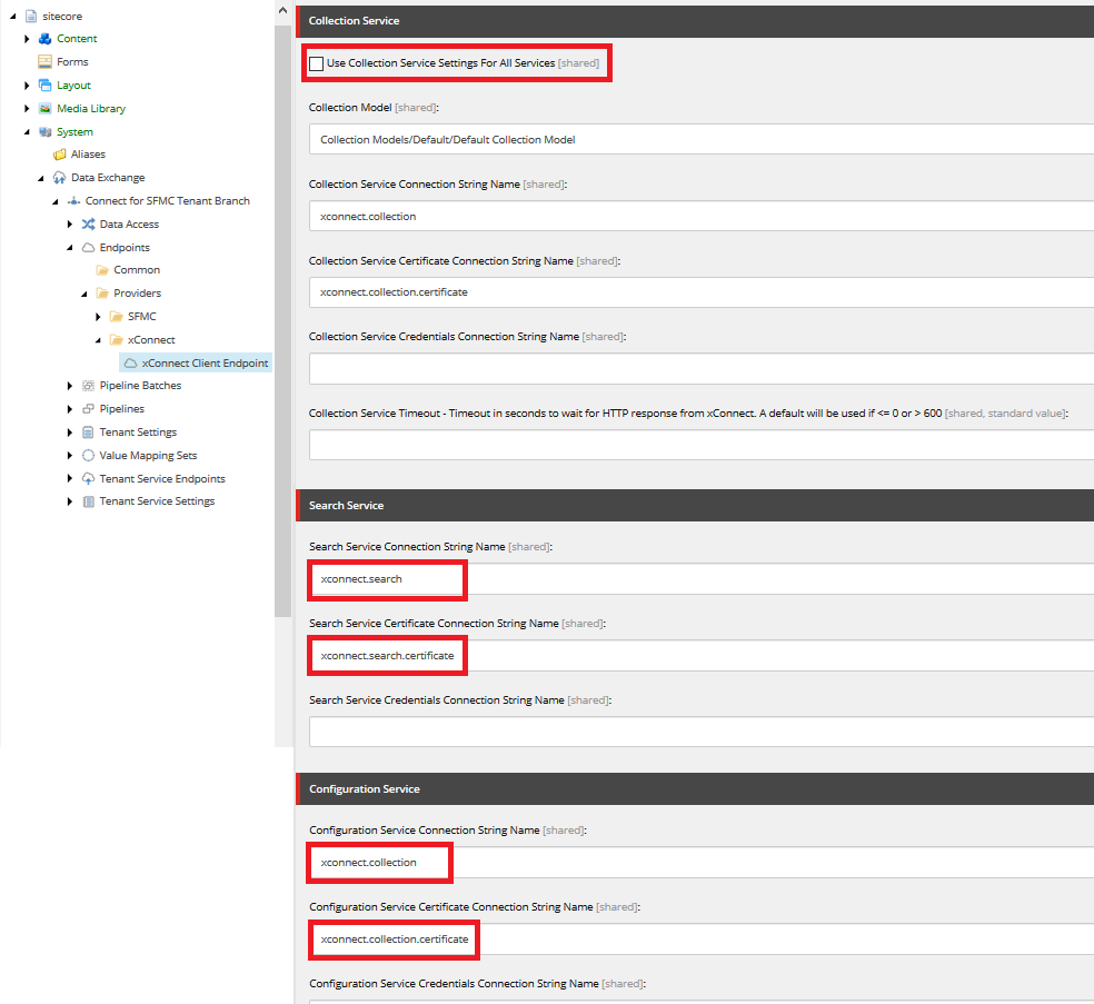Collection service parameters with mandatory values highlighted. Collection service parameters with mandatory values highlighted.