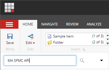 The search field in the Content Editor, with the search term MA SFMC API filled in. The search field in the Content Editor, with the search term MA SFMC API filled in.
