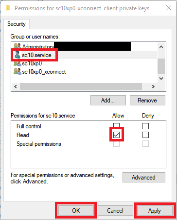 Give Tenant Service access in Windows permissions dialog