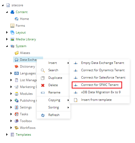 Insert Connect for SFMC tenant option in Data Exchange node in the content tree. Insert Connect for SFMC tenant option in Data Exchange node in the content tree.