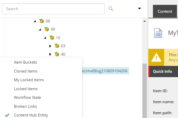 An item in the content tree marked as a Content Hub Entity