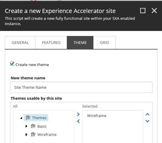 Create a new SXA site wizard dialog window.