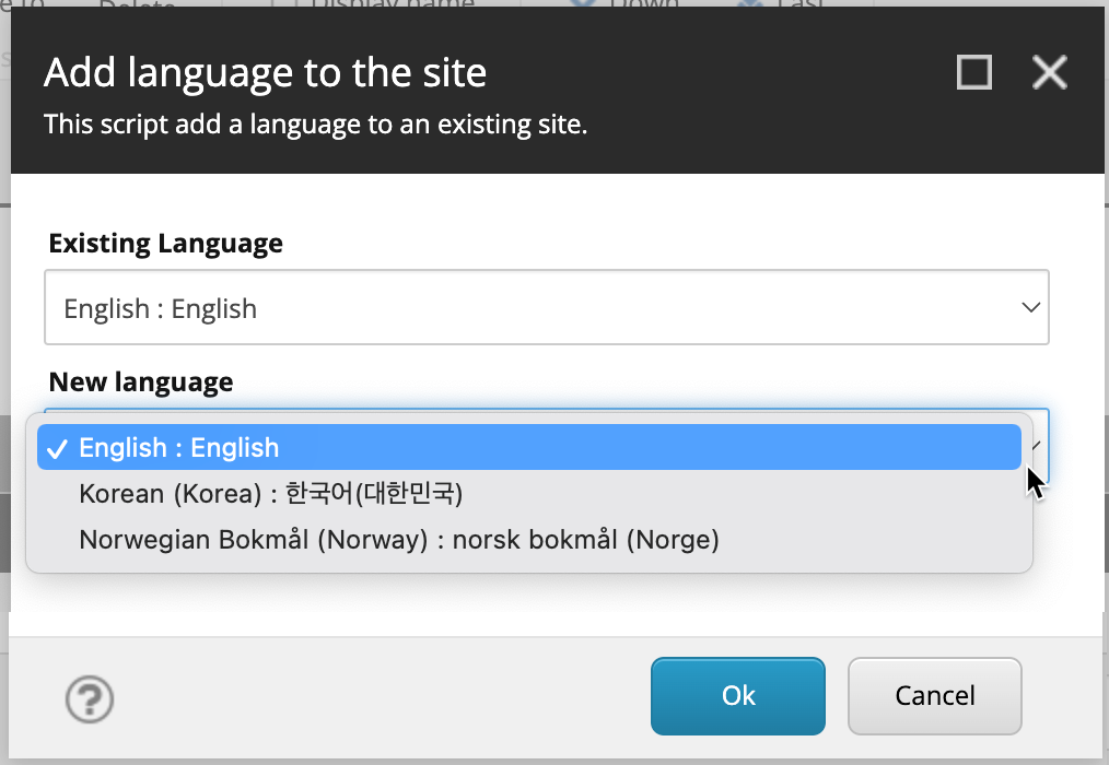 Add language to the site dialog box Add language to the site dialog box