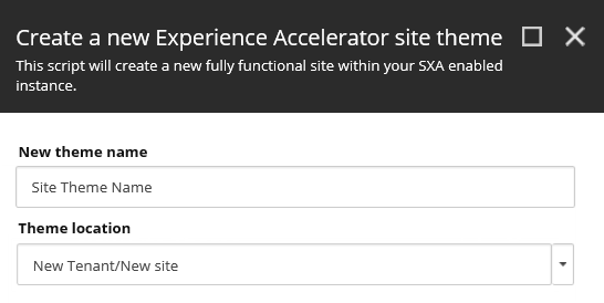Create a new SXA site theme dialog box.