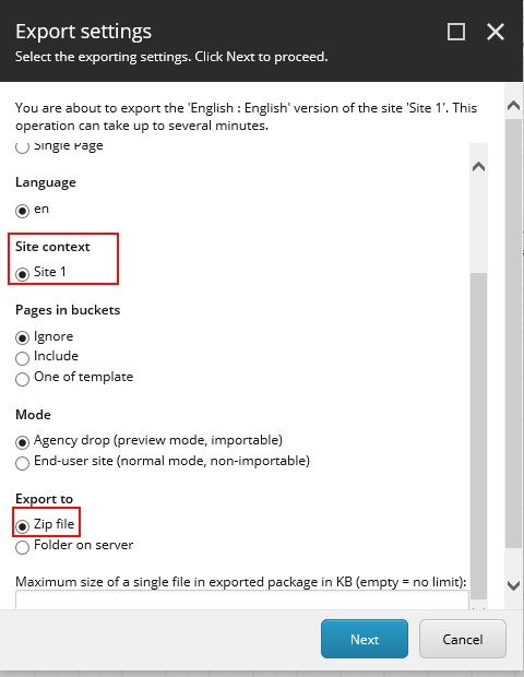 Export settings dialog box