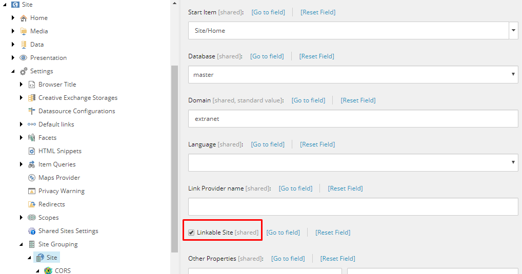 Linkable Site checkbox