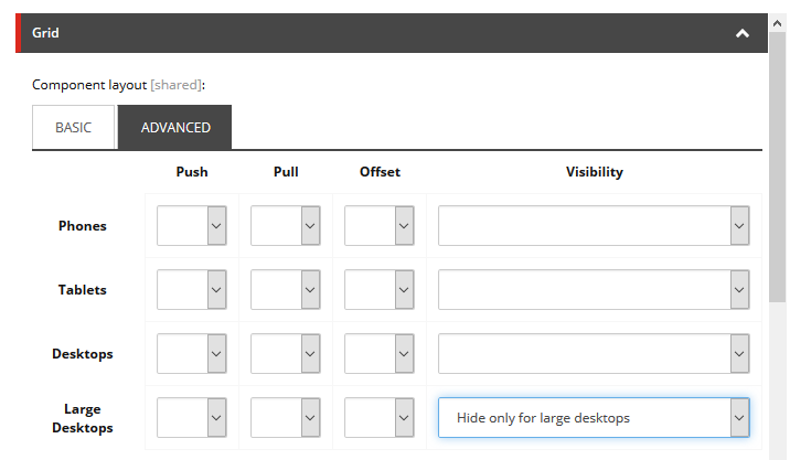Example of enabling a setting that hides the chosen component if a visitor is on a large desktop.