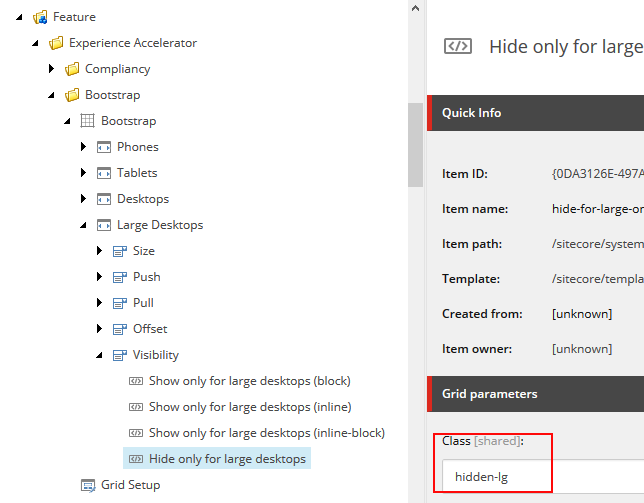 Example of how the option to hide a component for large desktops is set in the Visibility settings of the grid itself.