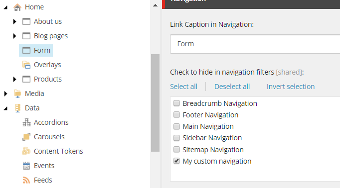 The custom navigation filter is available.