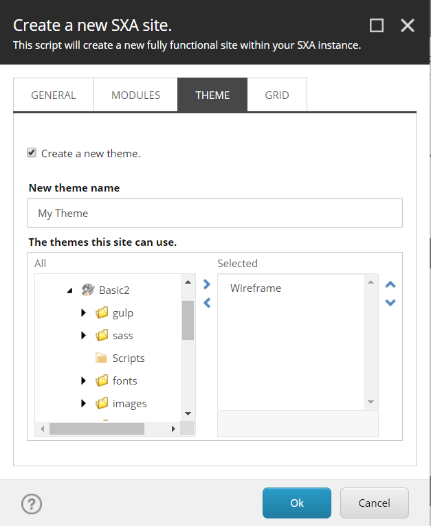 The THEME tab in the Create a new SXA site dialog.