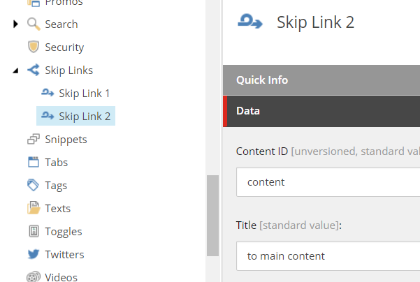 Change the id or title of the skip link in the Content Editor.