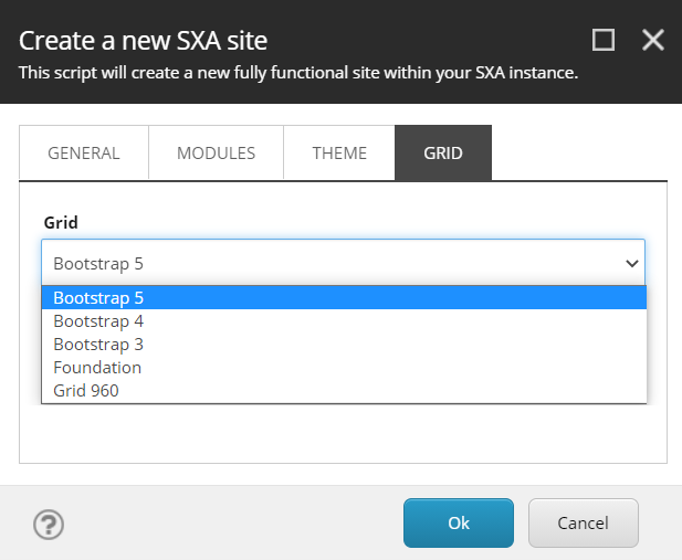 You can select a grid during site creation, in the Create a new SXA site dialog.