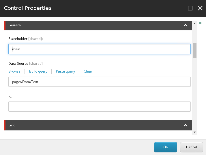 The component properties in the Experience Editor The component properties in the Experience Editor