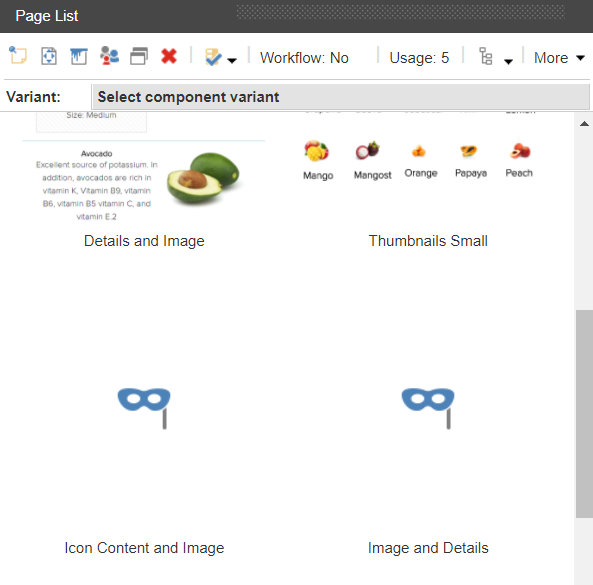 If no thumbnail is specified, the variant displays the name only.