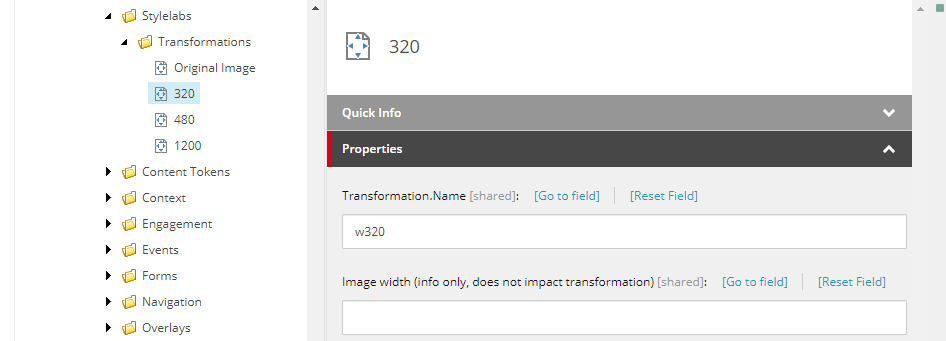In the Properties section you can enter the Content Hub transformation name.