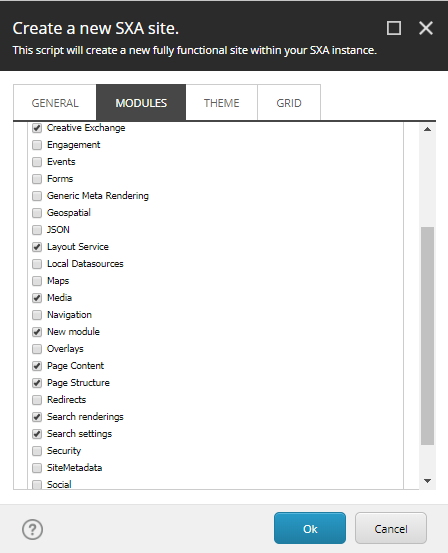 In the module section you can select the components for your site.