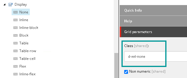 Example of how the option to hide a component for large desktops is set in the Display settings of the grid itself.