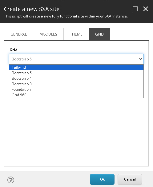 You can select a grid during site creation, in the Create a new SXA site dialog.