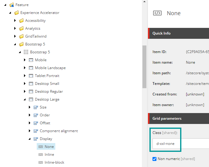 Example of how the option to hide a component for large desktops is set in the display settings of the grid itself.