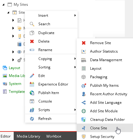 You can clone a site under the site item in the Content Editor.