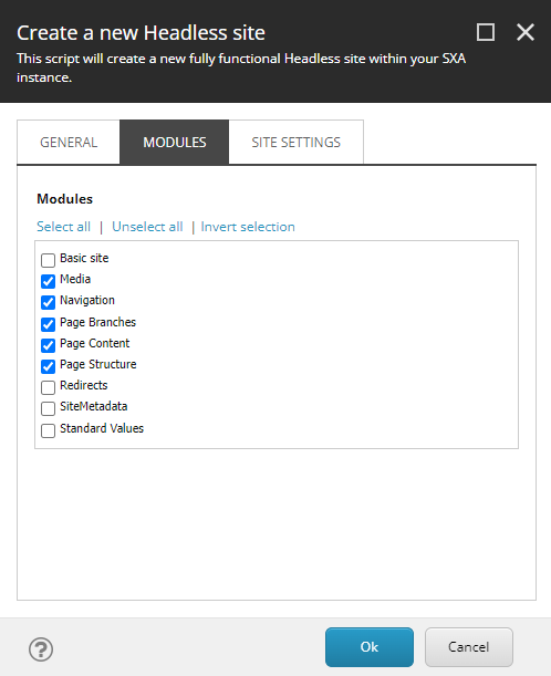 In the module section you can select the components for your site.