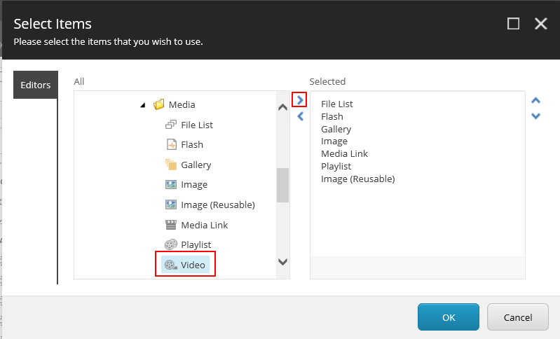 Select items dialog box. Select items dialog box.