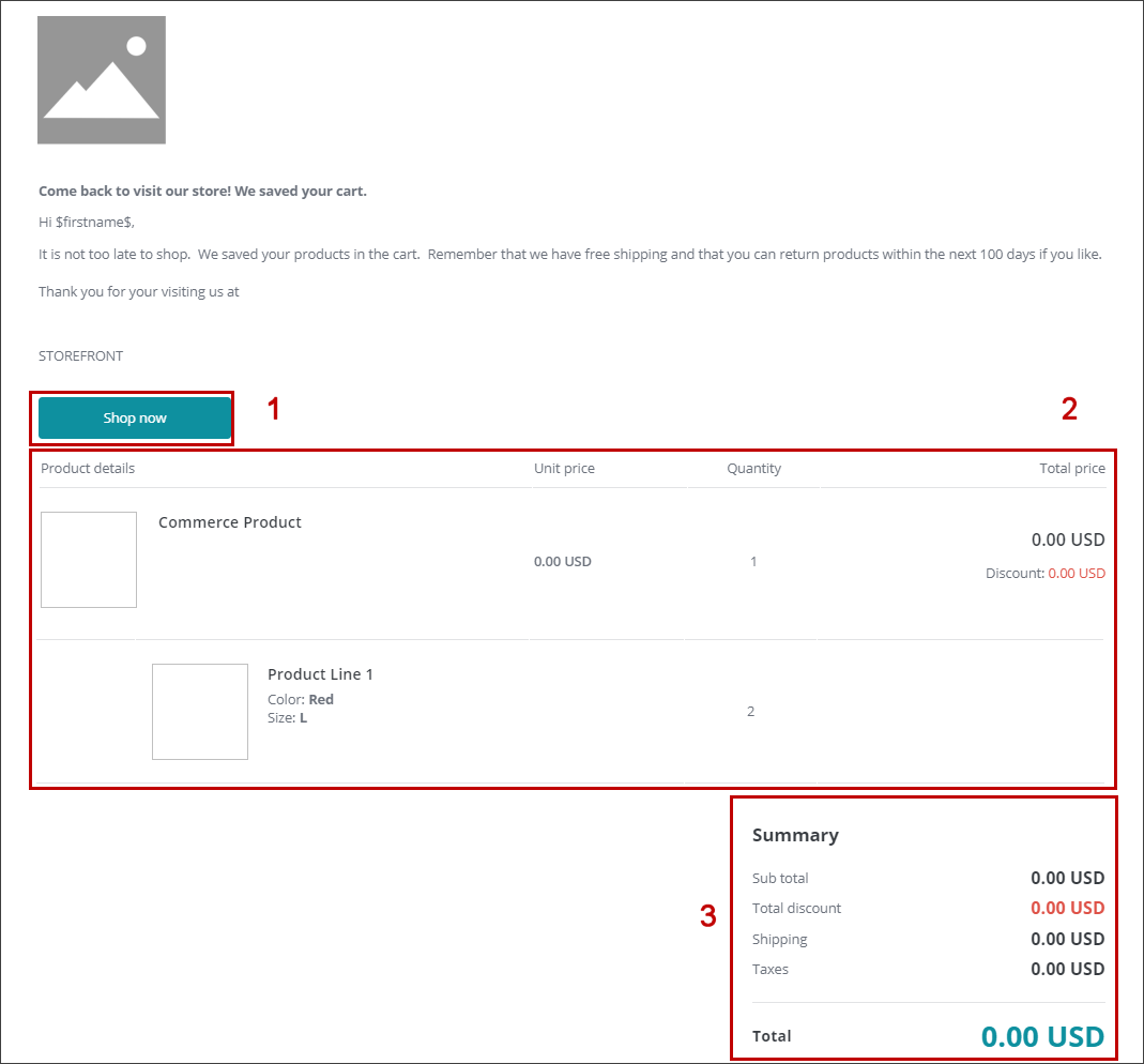 Abandoned cart email message with Commerce renderings.