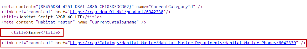 Metadata meta rendering showing title and canonical URL on the live storefront Metadata meta rendering showing title and canonical URL on the live storefront