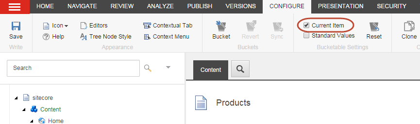The Current item option on the Configure tab