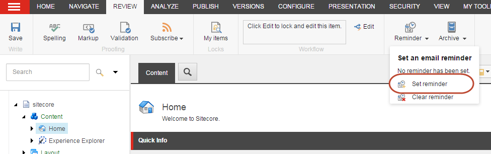 The Reminder menu on the Review ribbon.