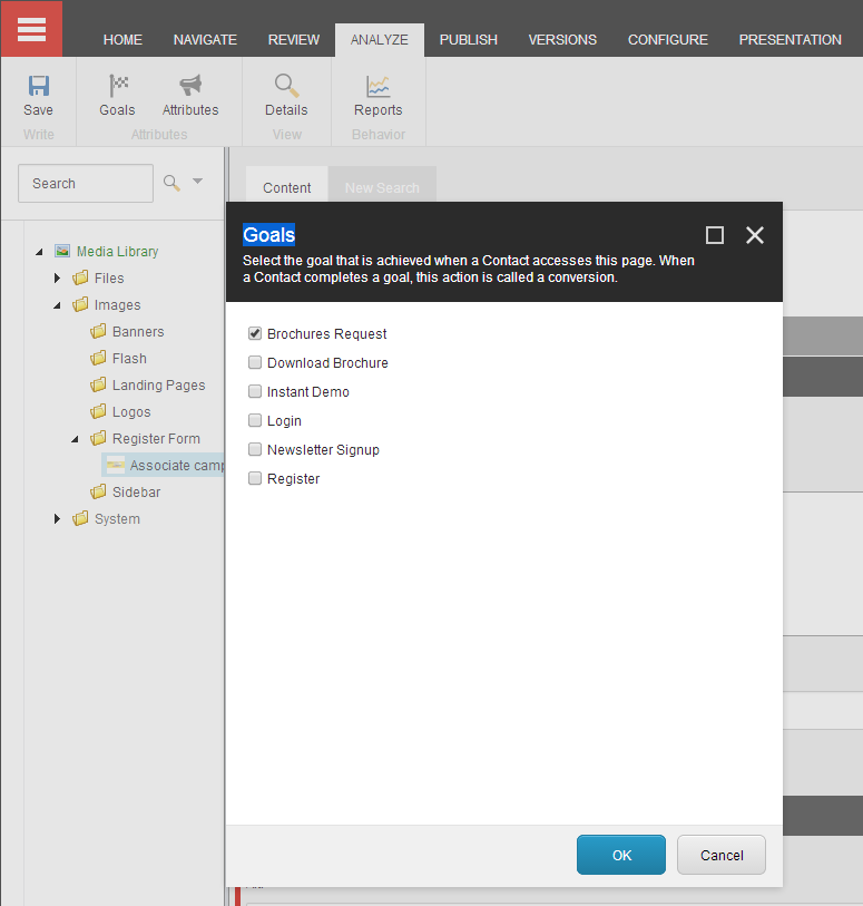 Goals dialog box Goals dialog box
