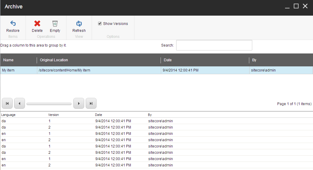 The Archive dialog box with Show Versions selected