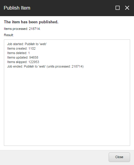 The Publish Item dialog box after publishing