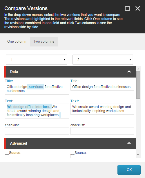 The Compare Versions dialog box with two columns