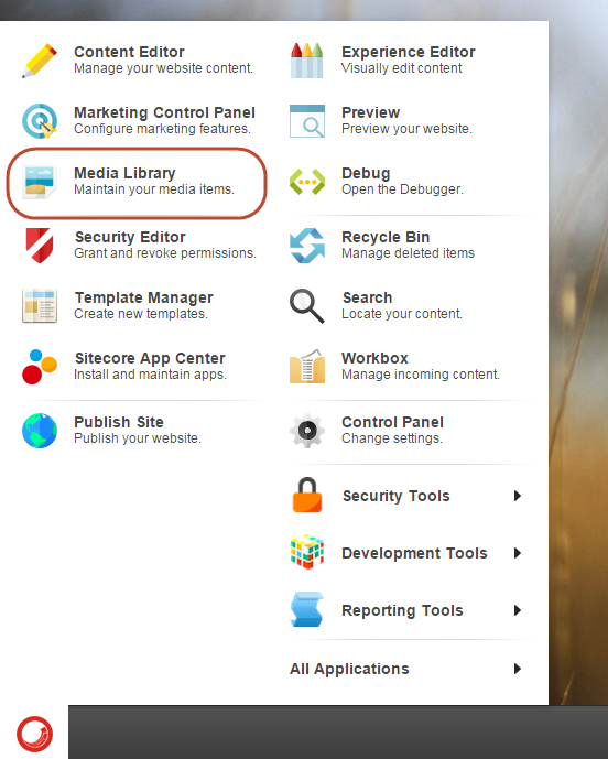 The Sitecore Desktop Start menu The Sitecore Desktop Start menu