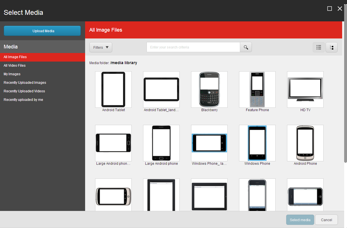 The Select Media dialog box with All Image files displayed