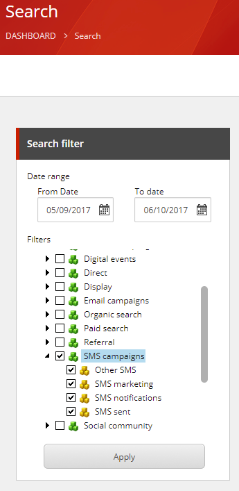 The Search filter dialog box with several campaigns selected.
