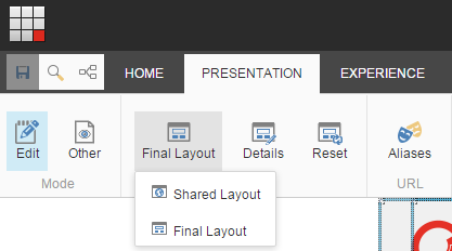 The Layout group on the Presentation tab of the Experience Editor ribbon