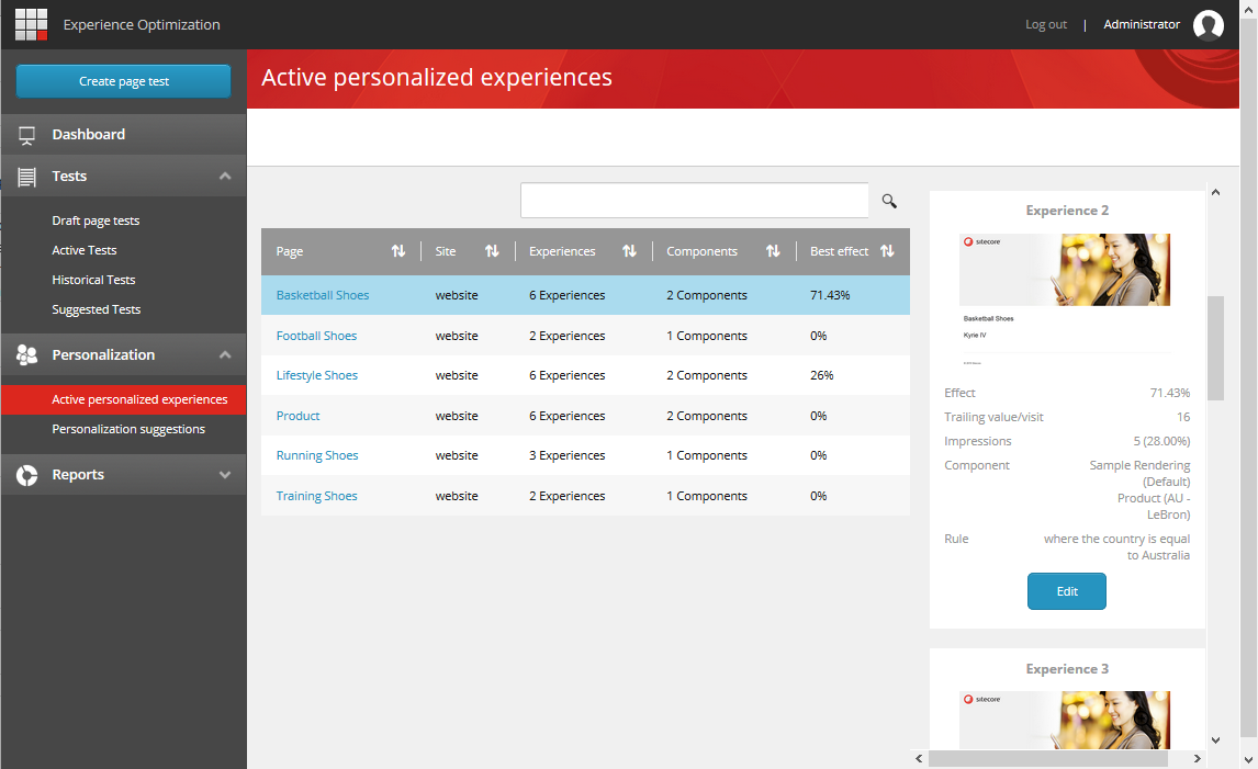 The Active personalized experiences list The Active personalized experiences list