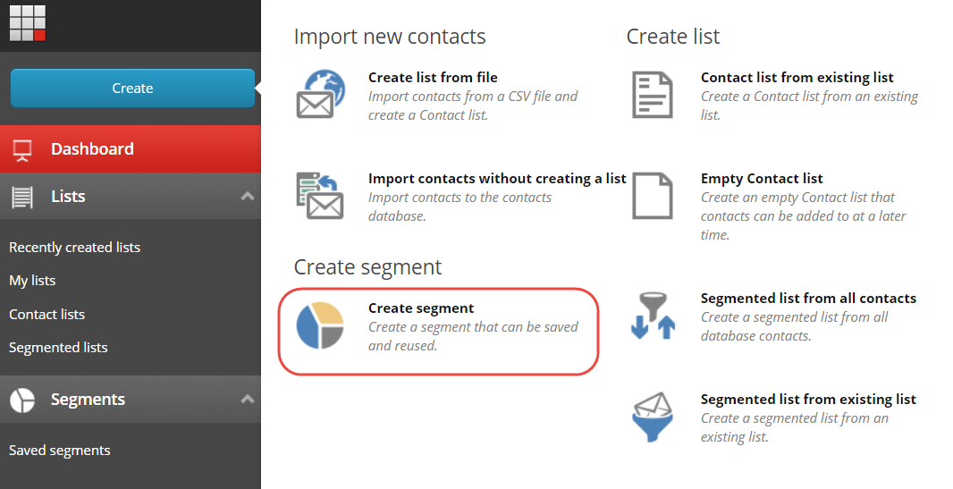 List Manager dialog, with the Create segment highlighted in red.